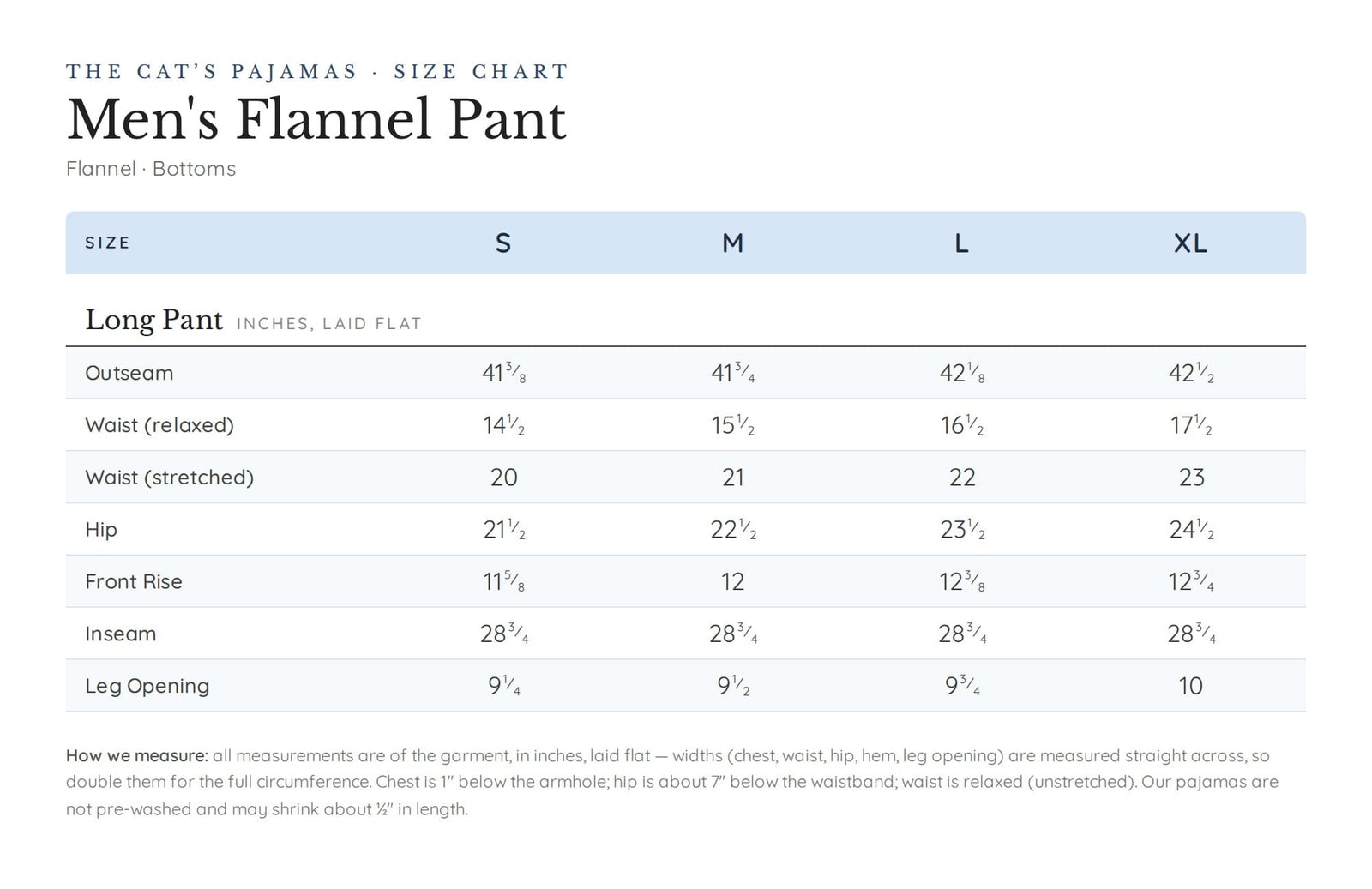 Size chart for Telluride Men's Pima Flannel Pant