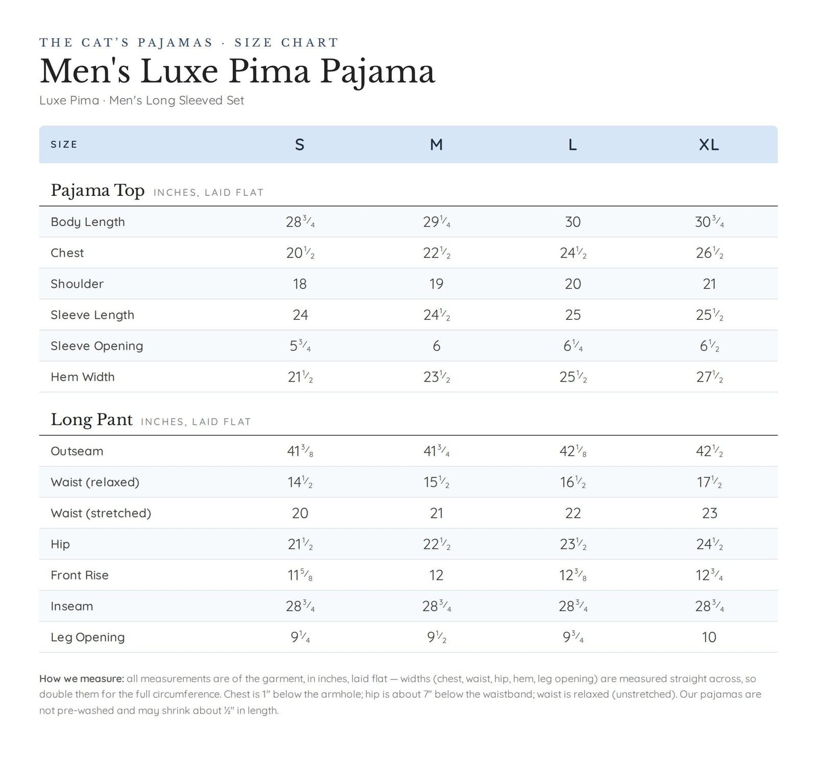 Size chart for East Side Men's Luxe Pima Pajama - Navy