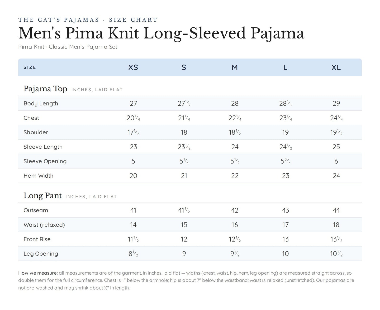 Size chart for Classic Men's Pima Knit Pajama Set - Midnight