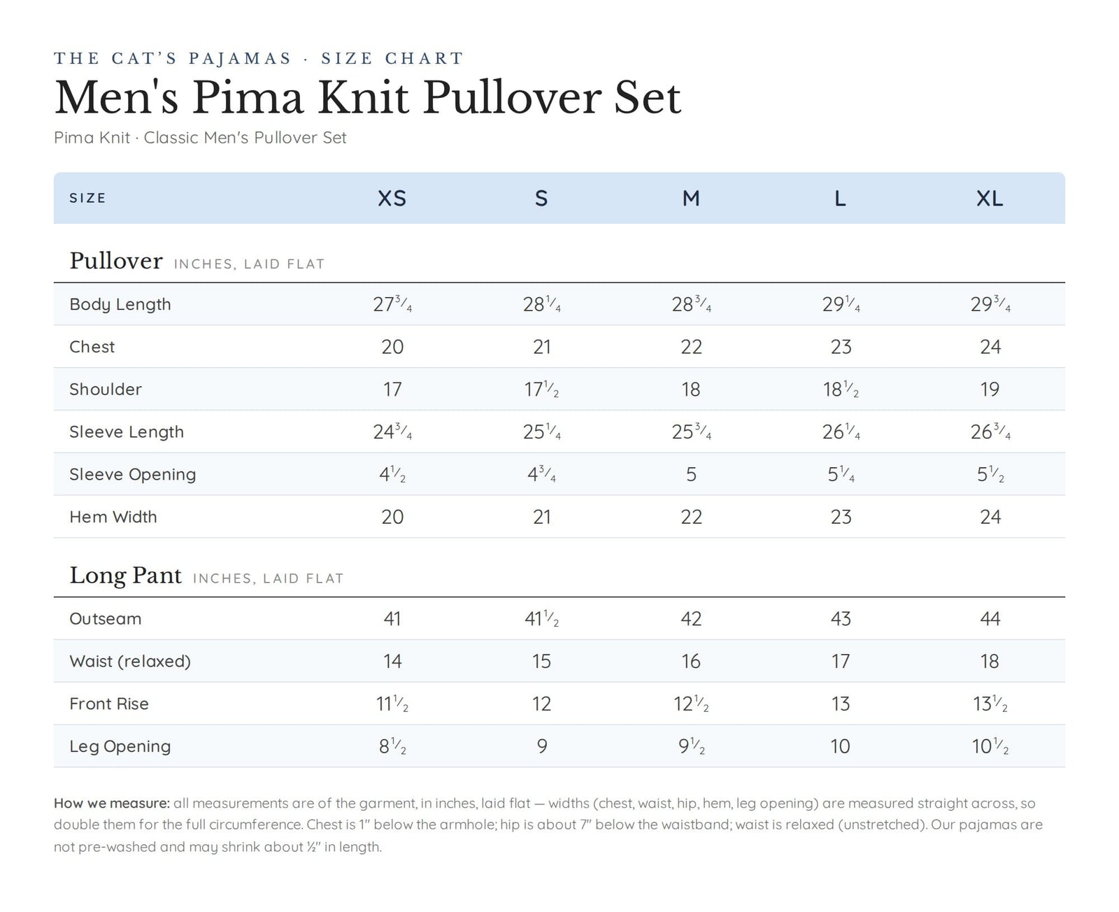 Size chart for Classic Men's Pima Knit Pullover Set - Midnight