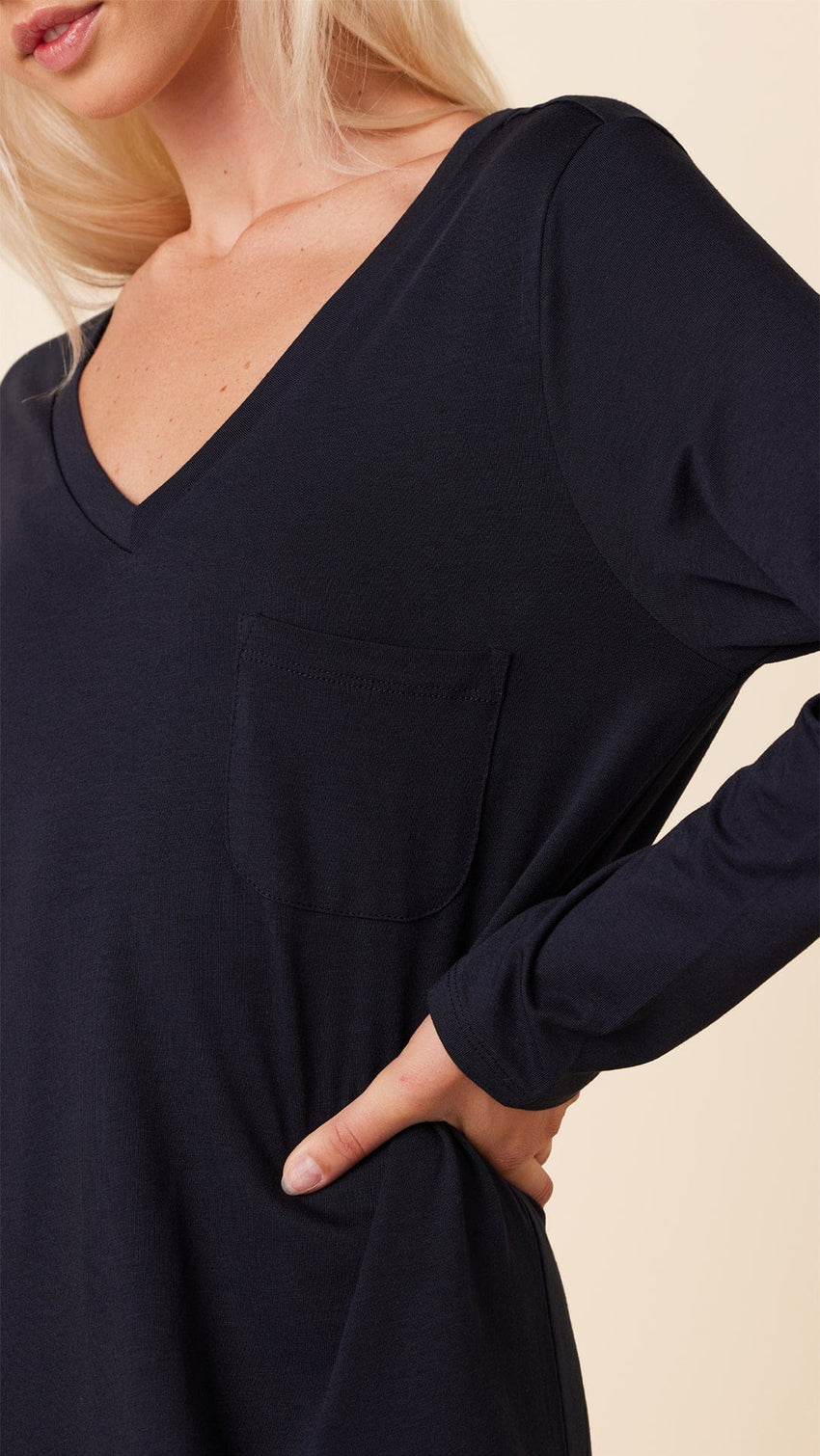 Classic Pima Knit Long-Sleeved Sleep Shirt - Midnight Description Midnight