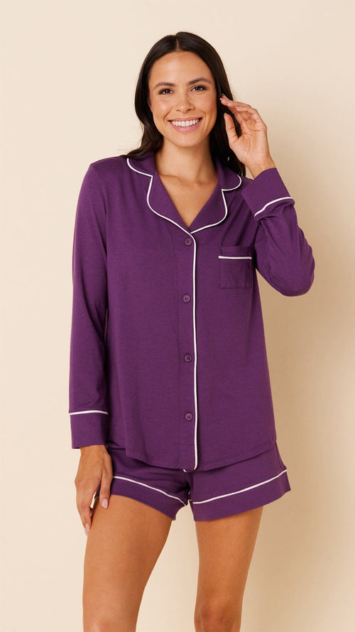 Classic Pima Knit Long-Sleeved Short Set - Aubergine Hover Aubergine