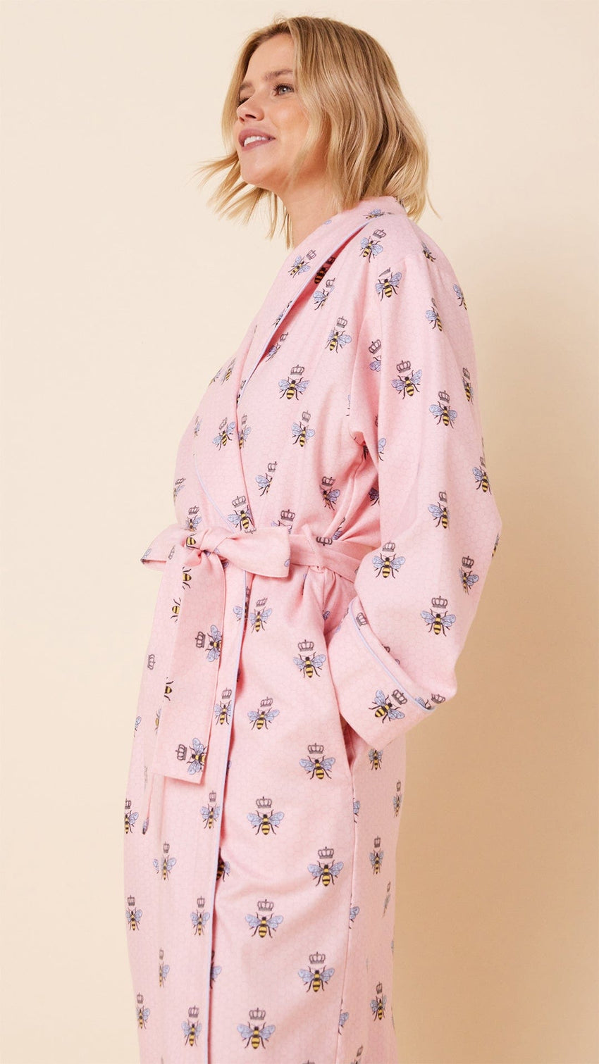 Queen Bee Flannel Shawl Collar Robe - Pink Wide Pink