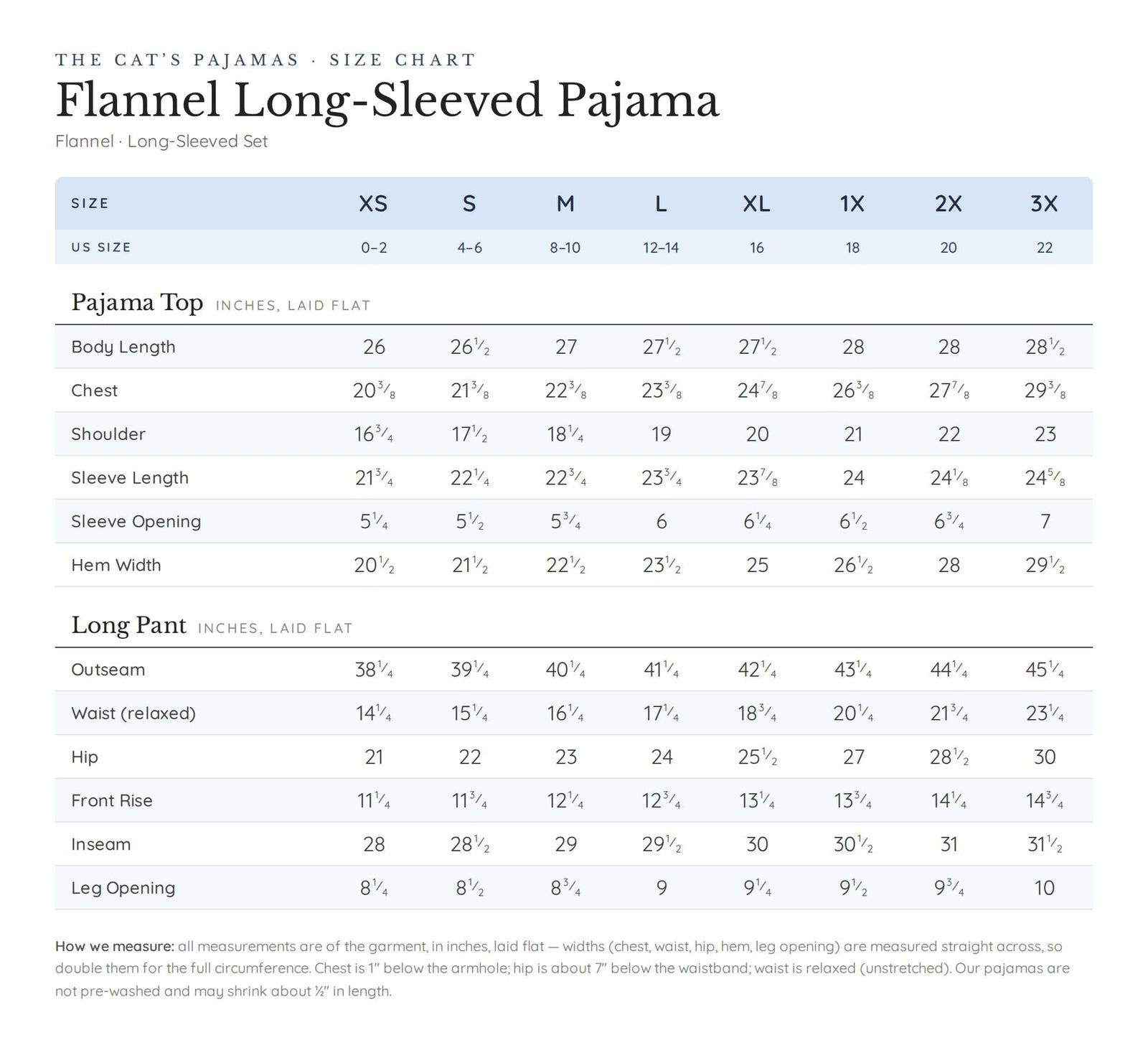 Size chart for Bluebird Blossom Flannel Long-Sleeved Pajama
