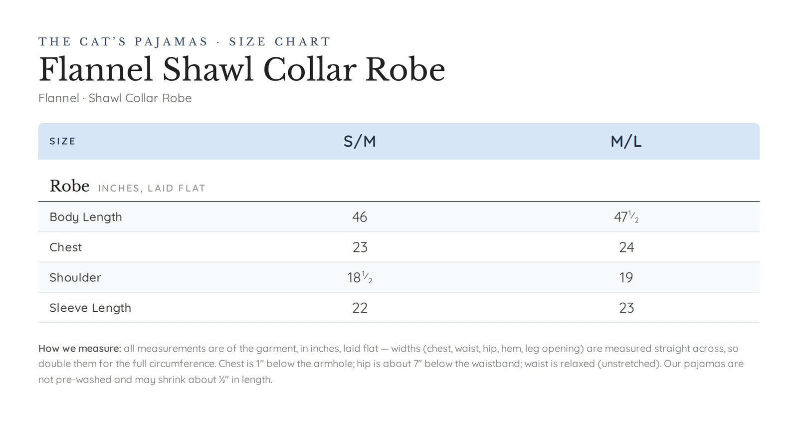 Size chart for Isabella Flannel Shawl Collar Robe