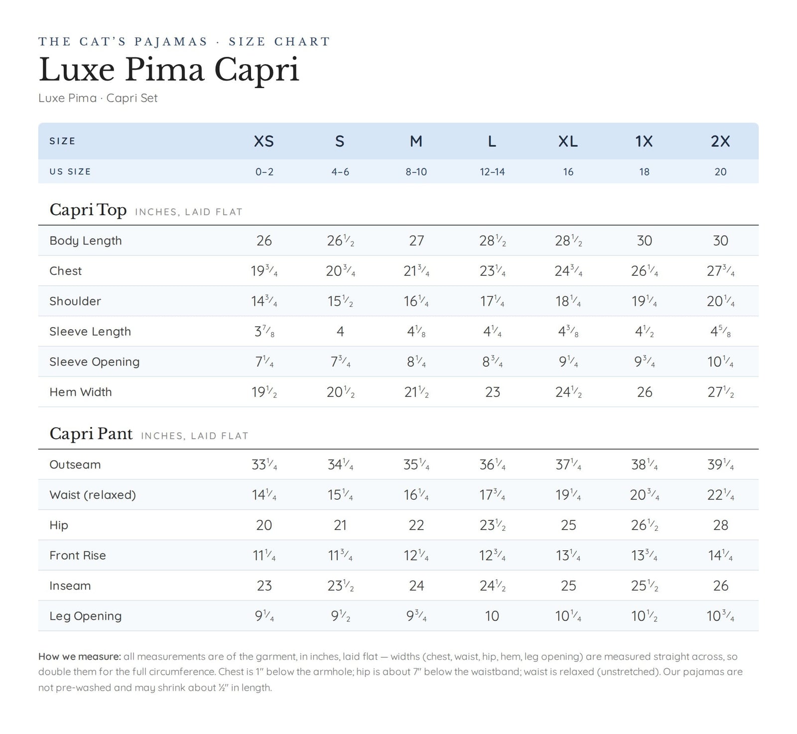 Size chart for Classic Gingham Luxe Pima Capri - Midnight