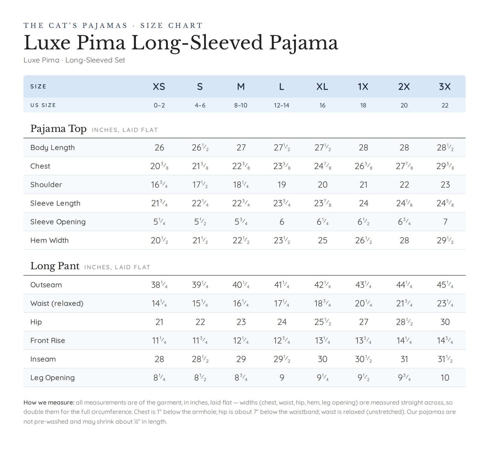 Size chart for Classic Gingham Luxe Pima Pajama - Midnight