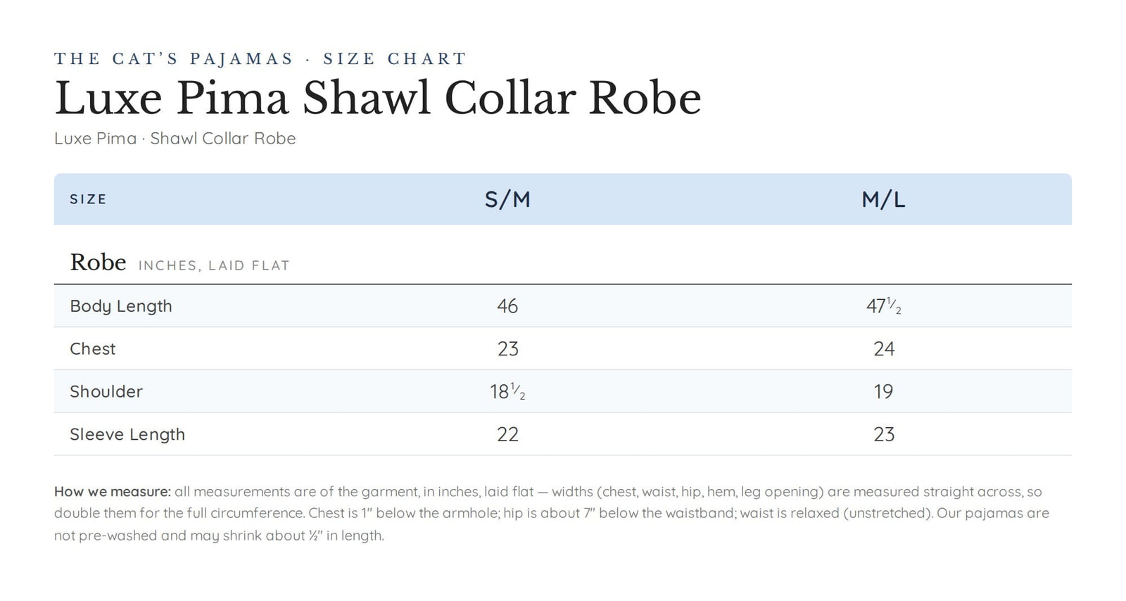 Size chart for Simple Stripe Luxe Pima Shawl Collar Robe