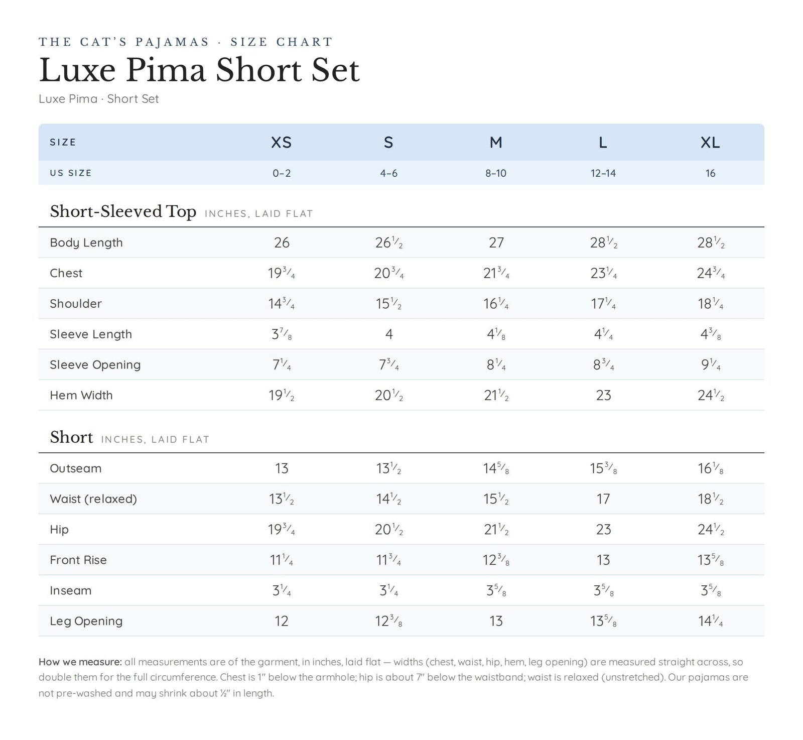 Size chart for Summer Sailaway Luxe Pima Short Set