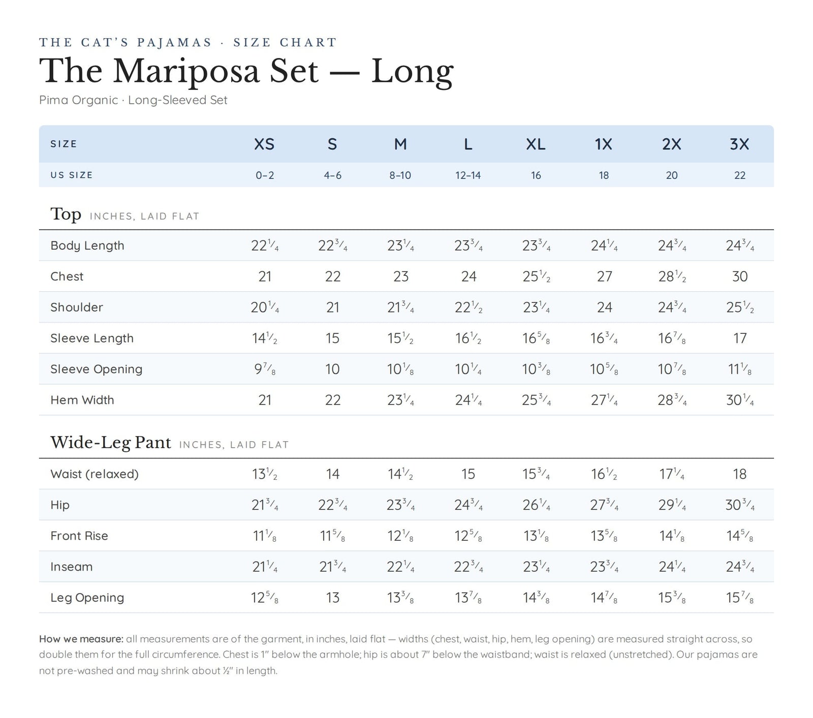 Size chart for The Mariposa Set - Cloud