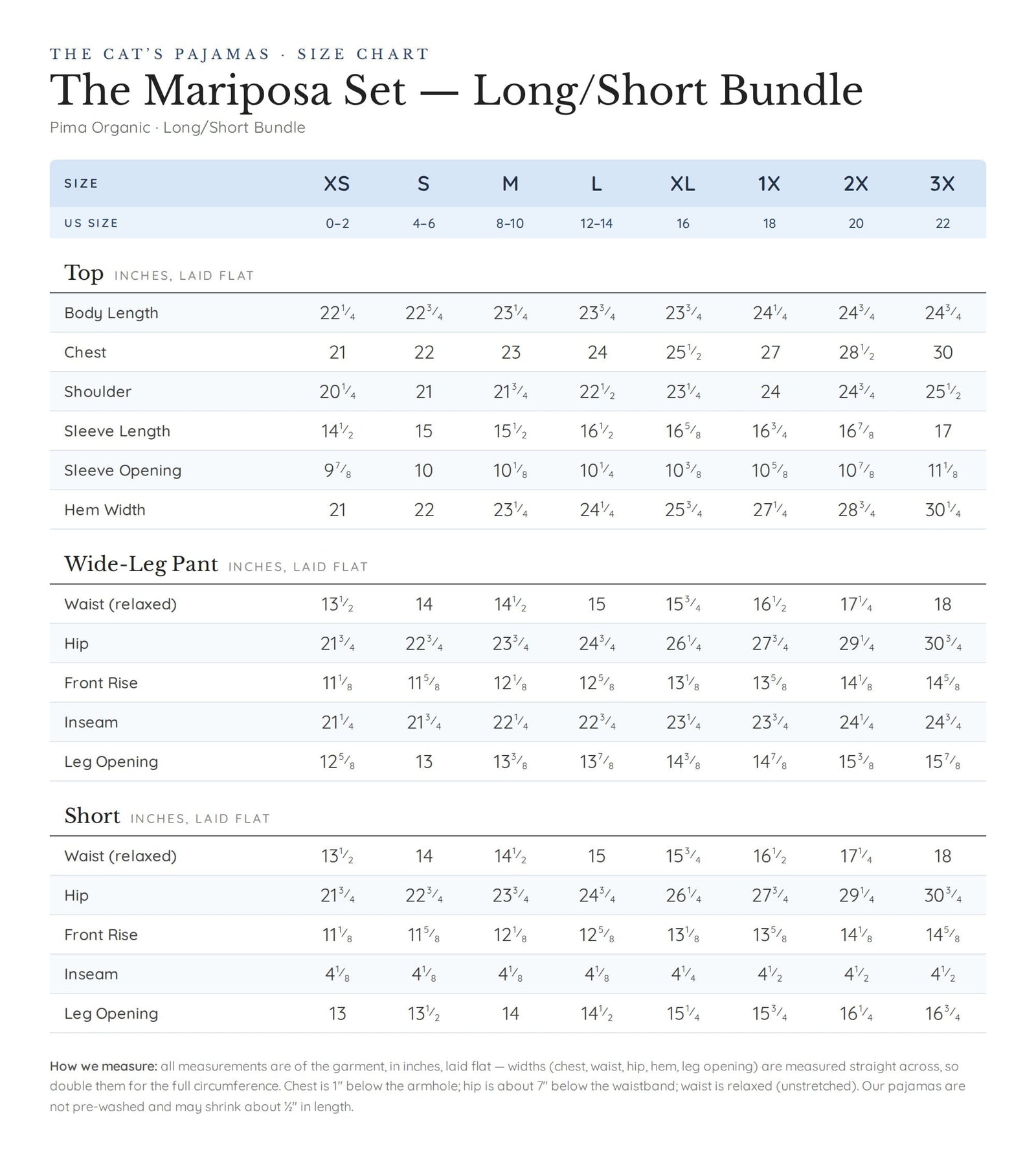 Size chart for The Mariposa Set Long/Short Bundle - Cloud