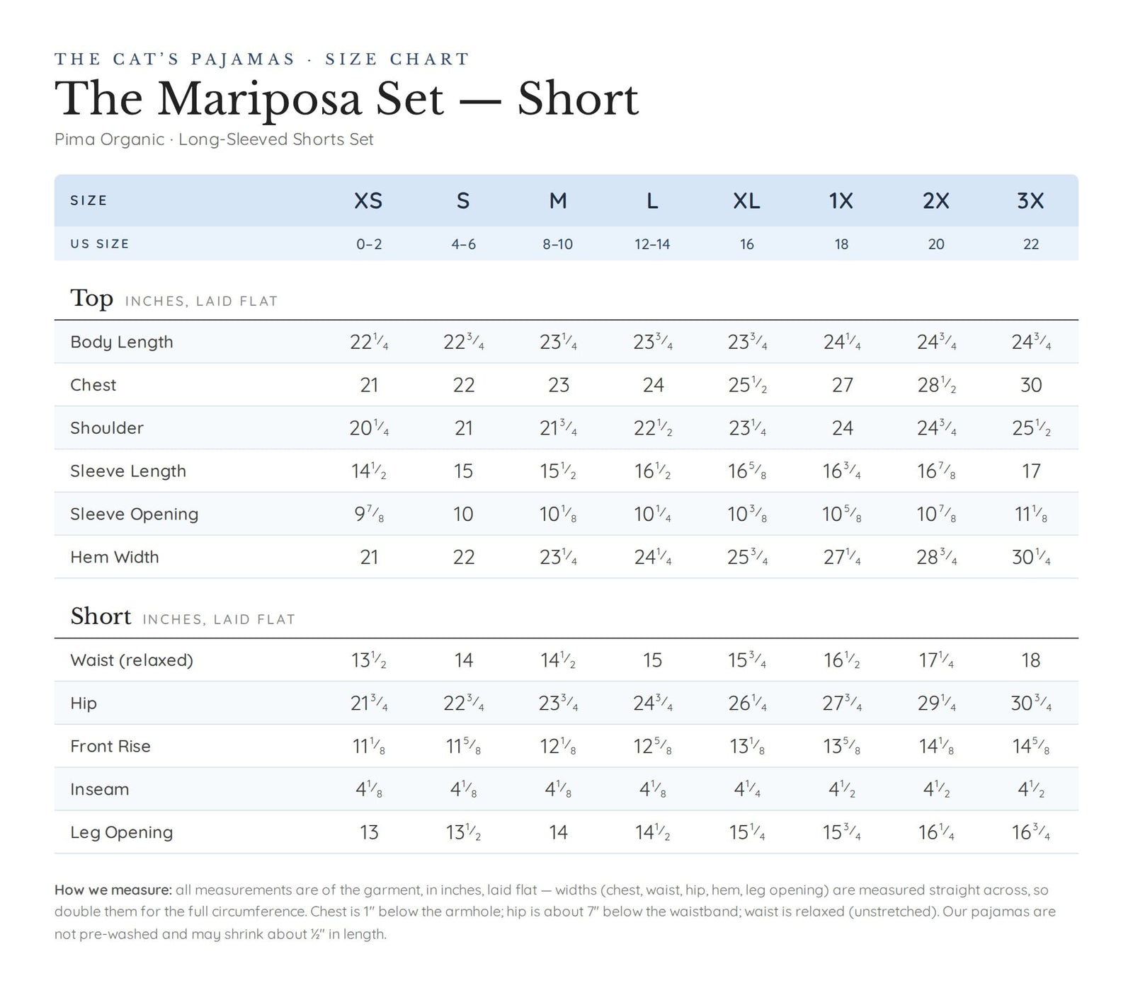Size chart for The Mariposa Long-Sleeved Short Set - Cloud