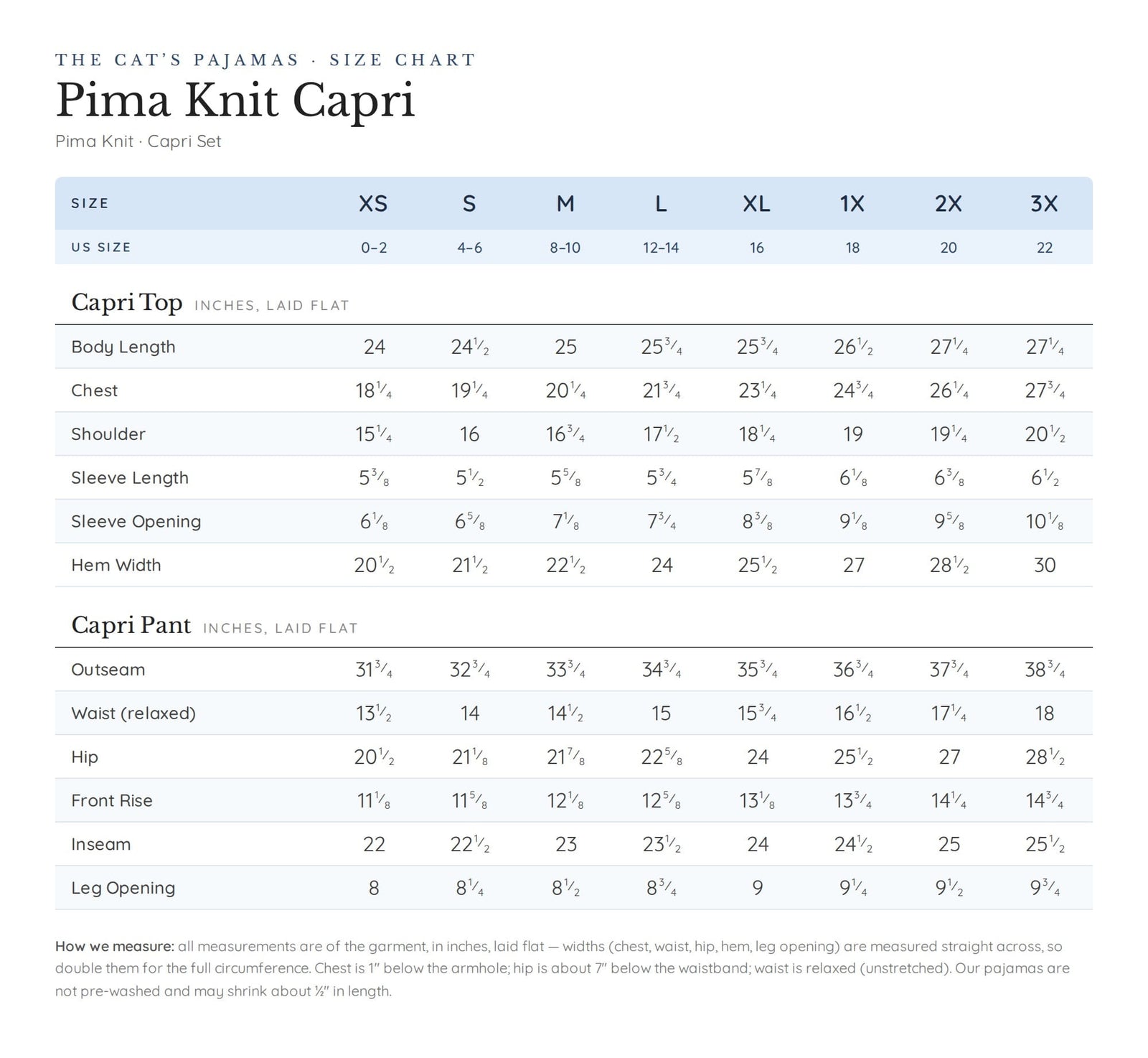 Size chart for Heritage Stripe Pima Knit Capri Set - Pink