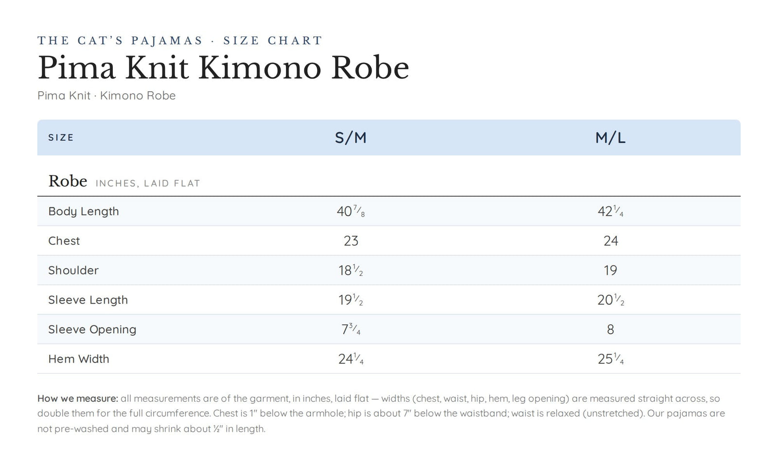 Size chart for Skye Pima Knit Kimono Robe