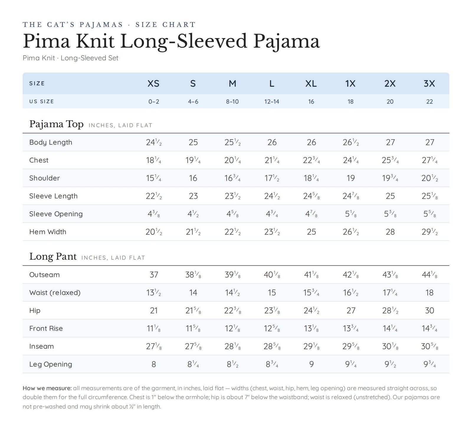 Size chart for Classic Pima Knit Long-Sleeved Pajama - Red