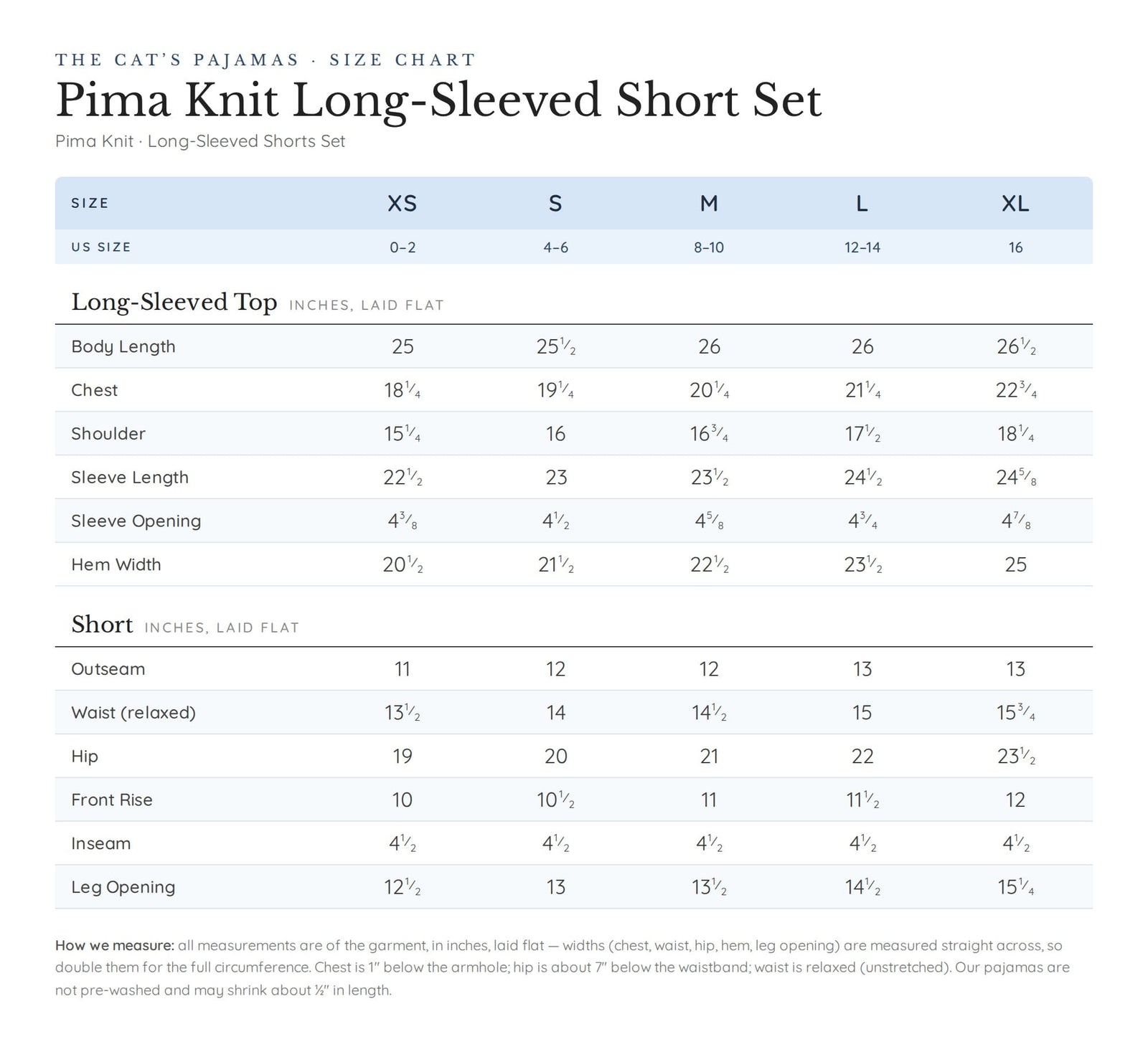 Size chart for Classic Pima Knit Long-Sleeved Short Set - Powder Blue