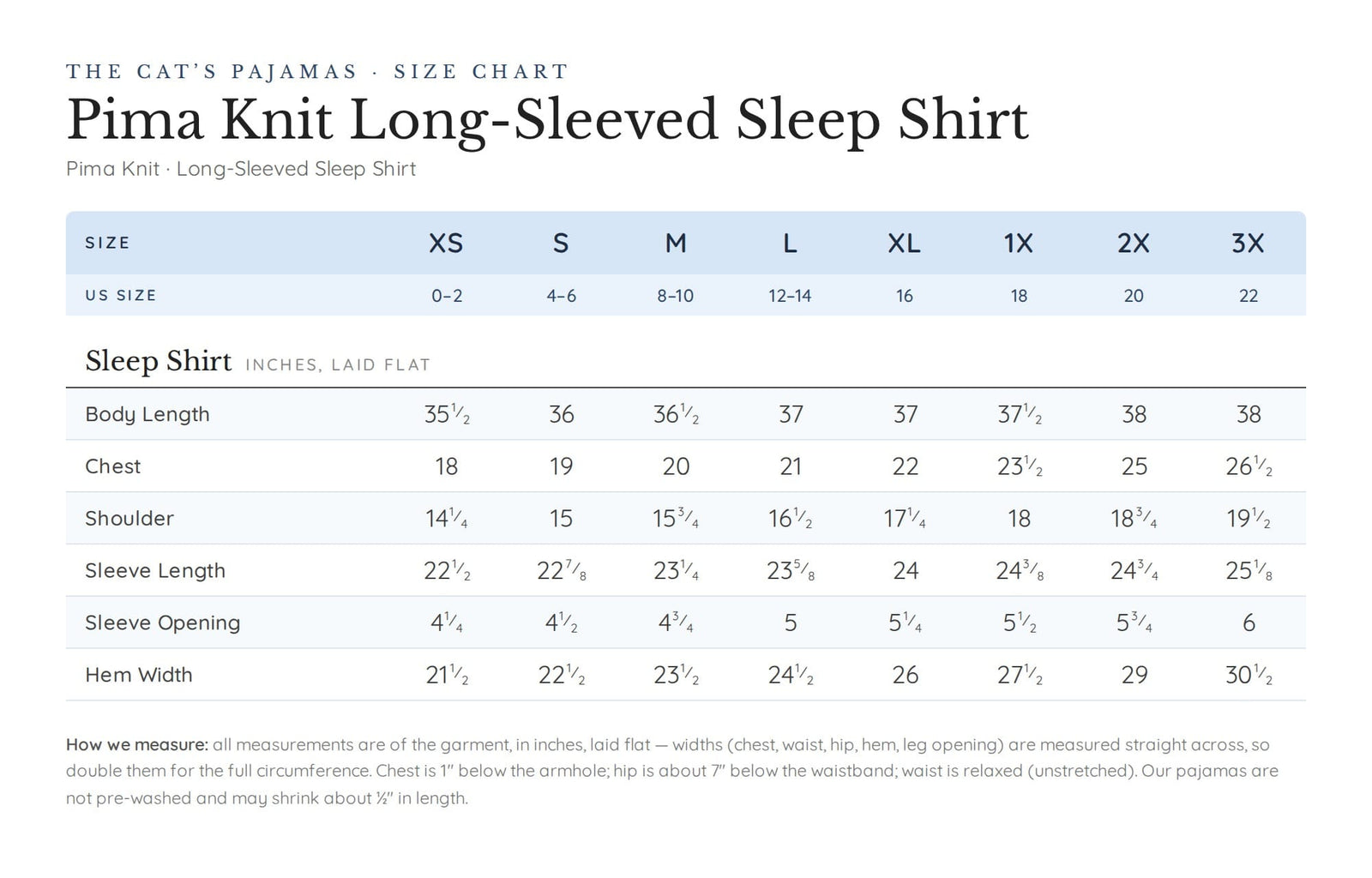 Size chart for Classic Pima Knit Long-Sleeved Sleep Shirt - Midnight