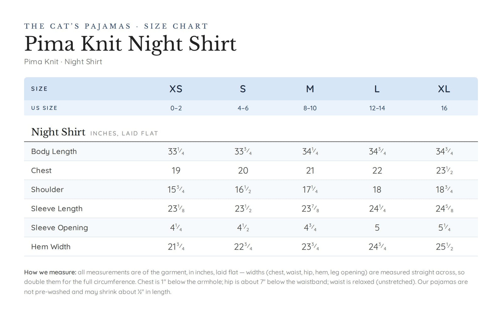 Size chart for Idle Hours Pima Knit Night Shirt