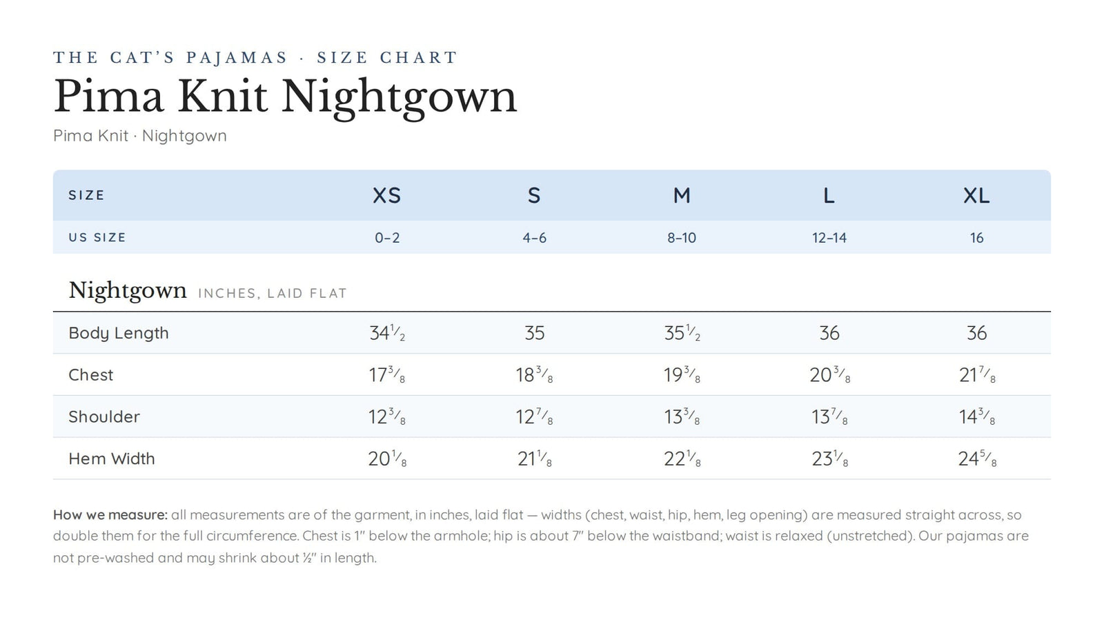 Size chart for Isa Pima Knit Nightgown