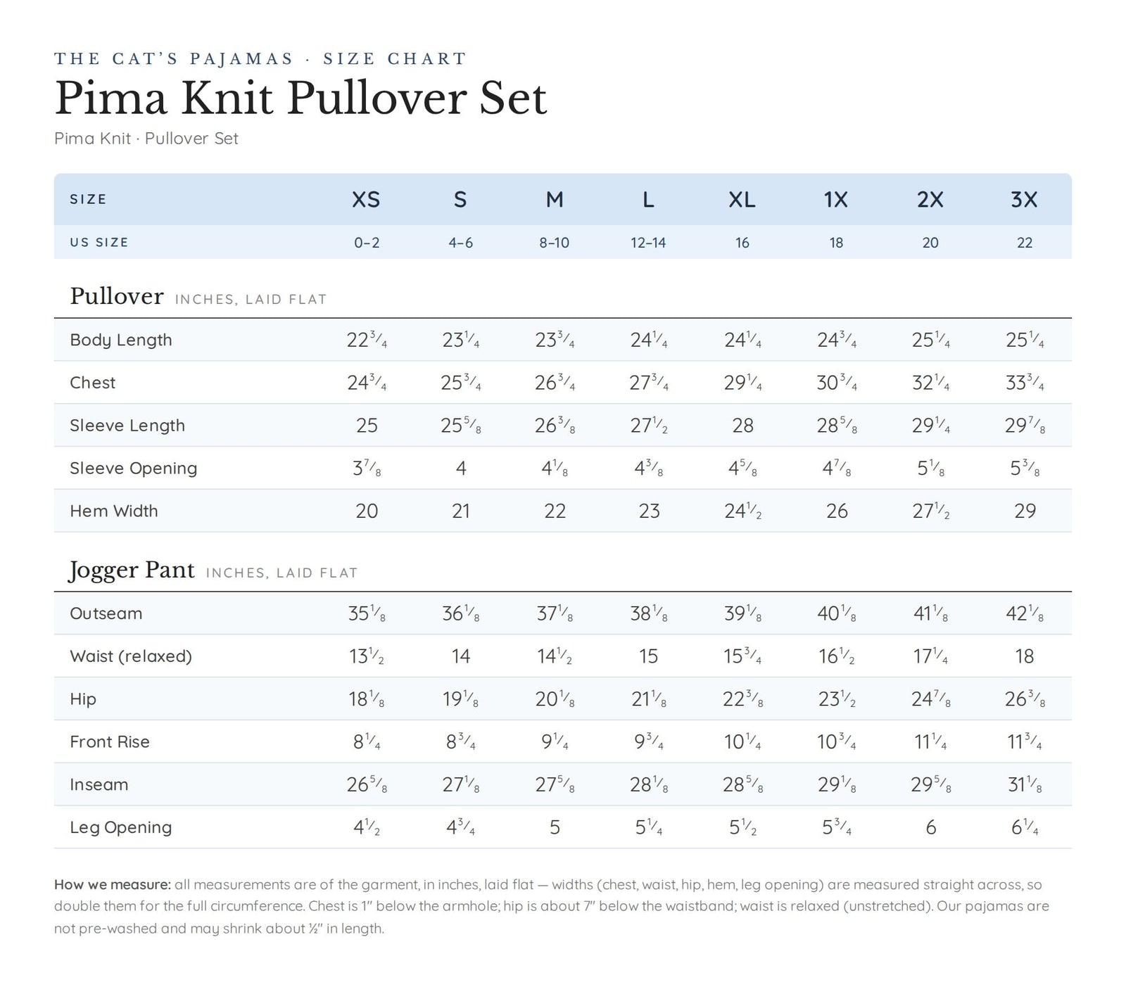 Size chart for Classic Pima Knit Pullover Set - Steel Grey