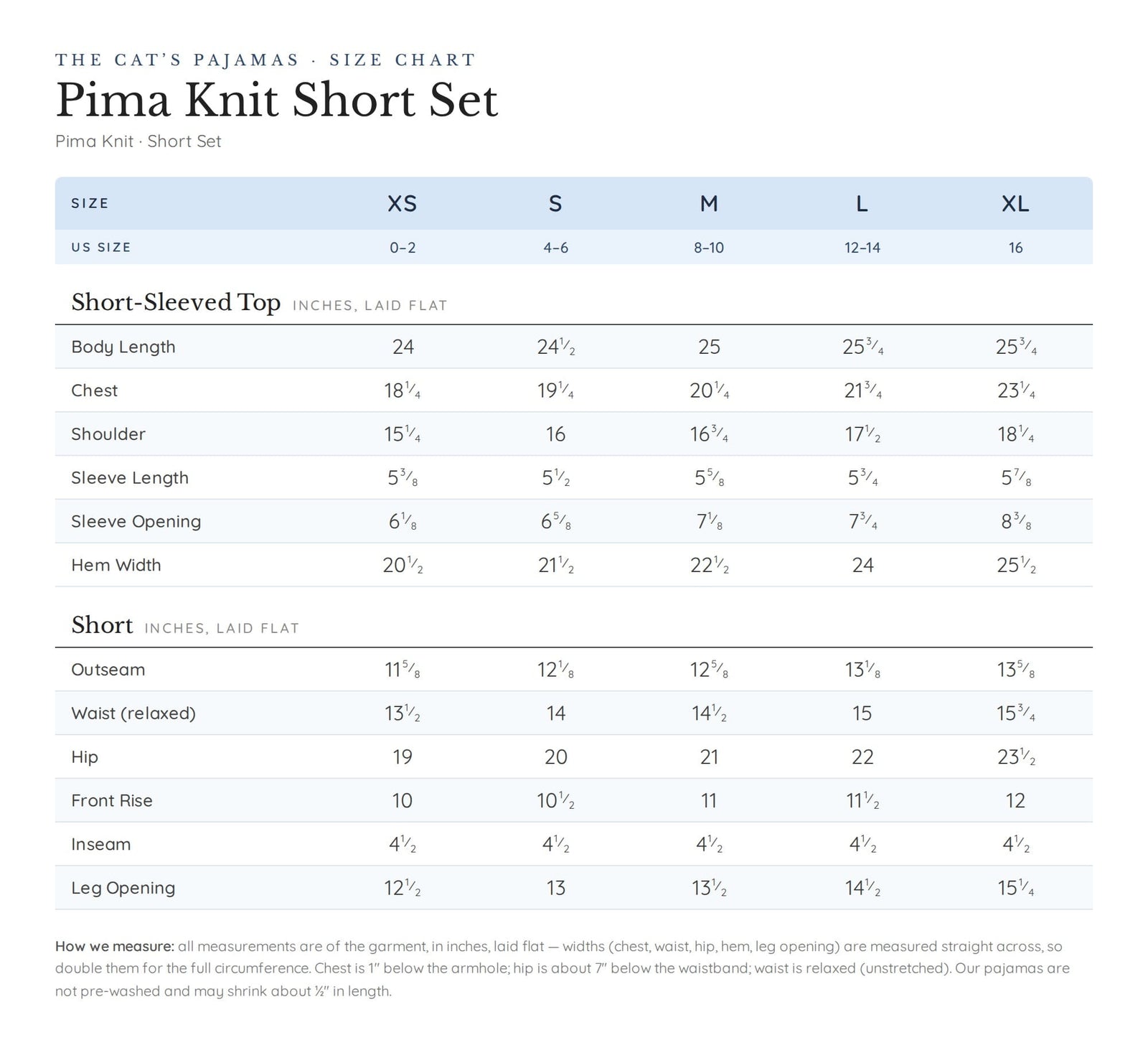 Size chart for Isa Pima Knit Short Set