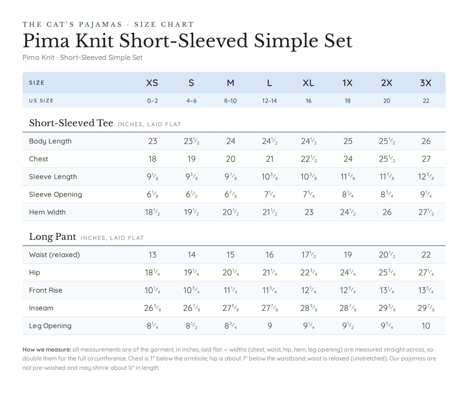 Size chart for Tropicana Palm Pima Knit Short-Sleeved Simple Set