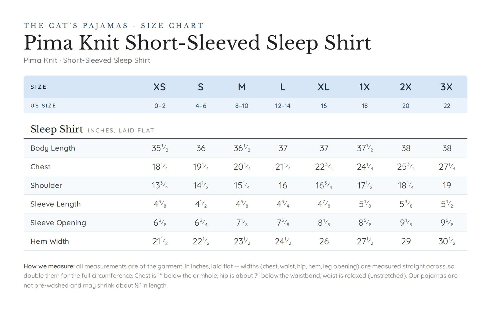 Size chart for Heritage Stripe Pima Knit Short-Sleeved Sleep Shirt - Pink