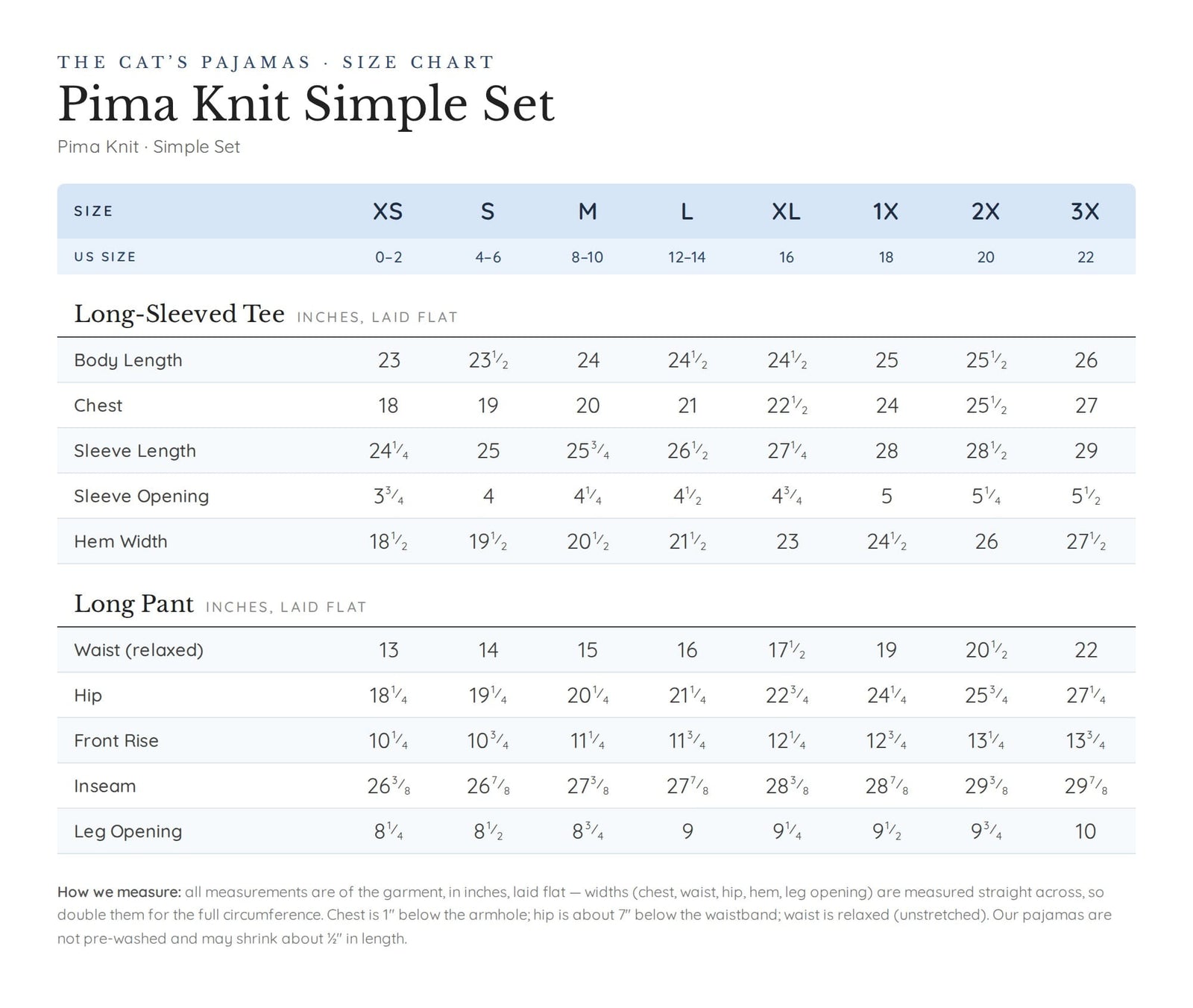Size chart for Essential Stripe Pima Knit Simple Set - Pistachio