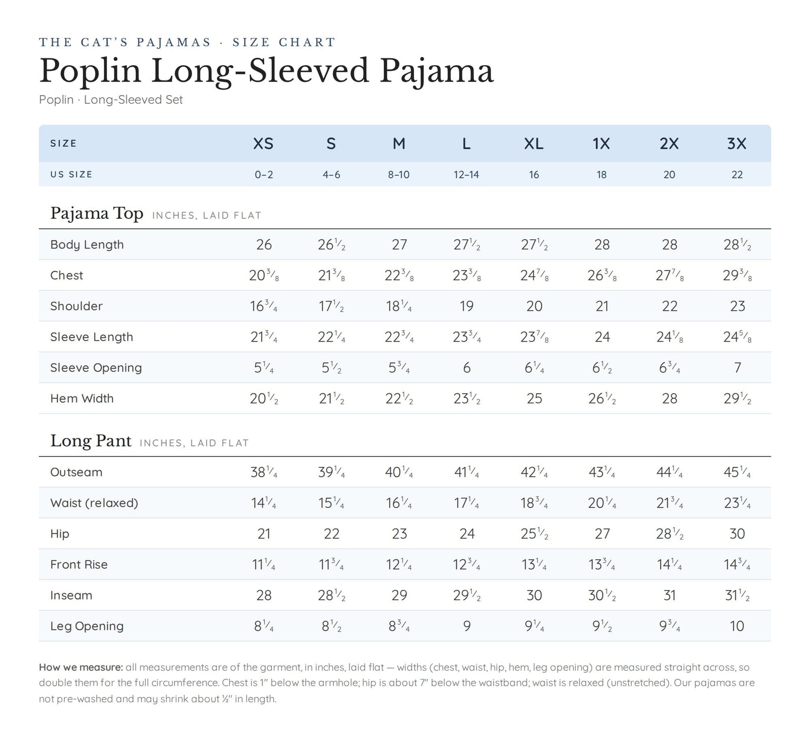 Size chart for Sushi Poplin Pajama - White