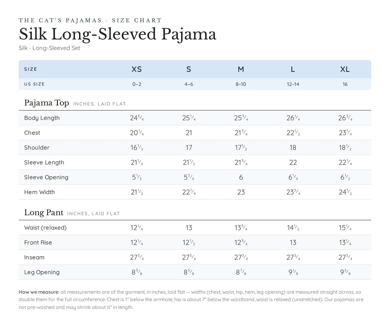 Size chart for Cascadia Silk Pajama