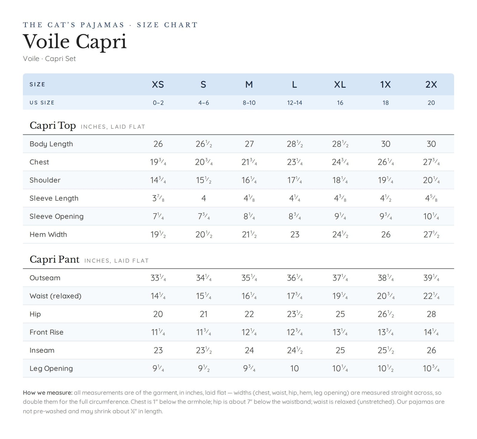 Size chart for Nantucket Stripe Stripe Voile Capri