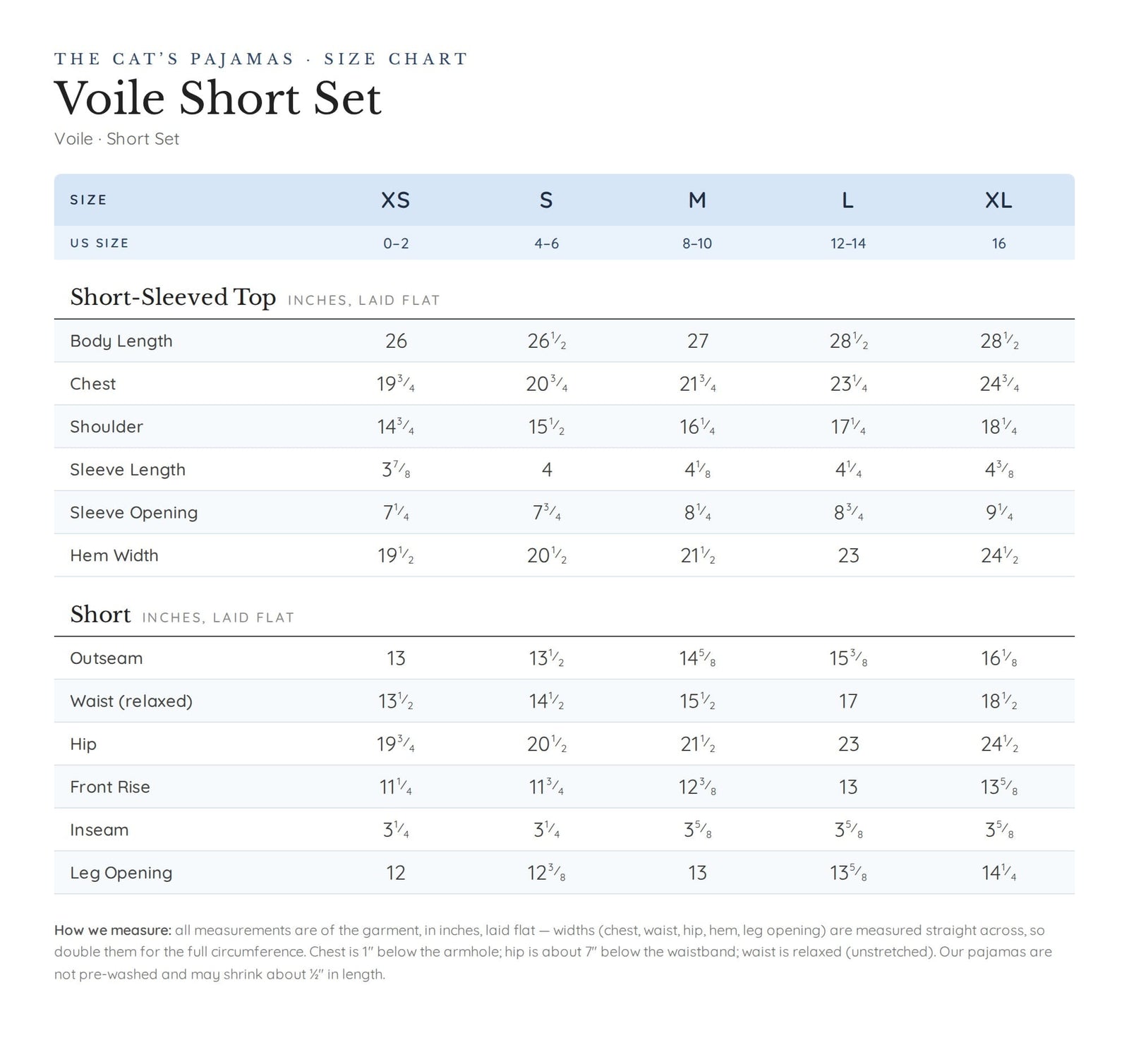 Size chart for Spring Fling Voile Short Set