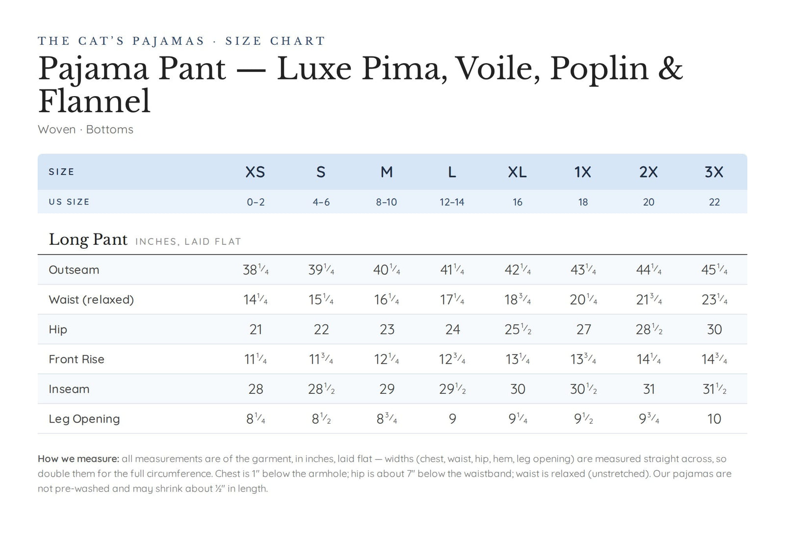 Size chart for Sushi Poplin Pant - White