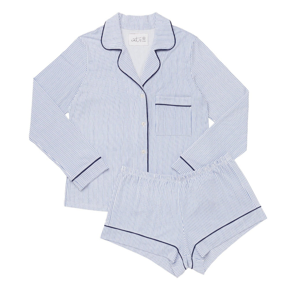 Simple Stripe Pima Knit Long-Sleeved Short Set Hover White