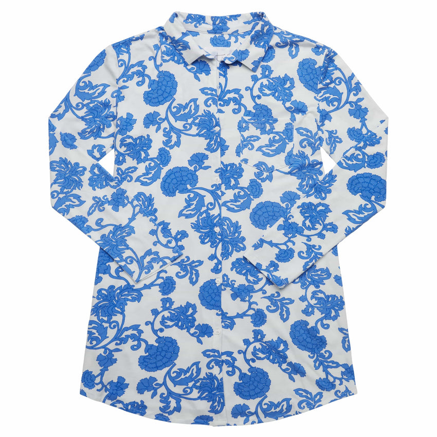Chrysantheme Pima Knit Night Shirt Wide Blue