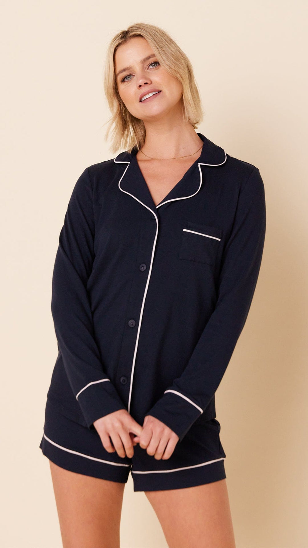 Classic Pima Knit Long-Sleeved Short Set - Midnight Main Midnight/Pink