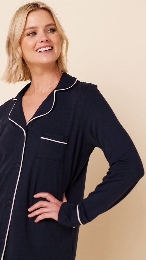 Classic Pima Knit Long-Sleeved Short Set - Midnight Wide Midnight/Pink
