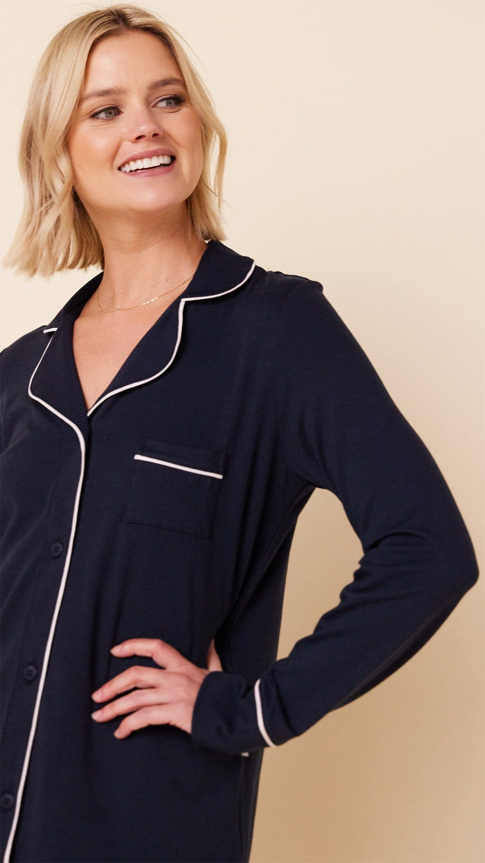 Classic Pima Knit Long-Sleeved Short Set - Midnight Wide Midnight/Pink